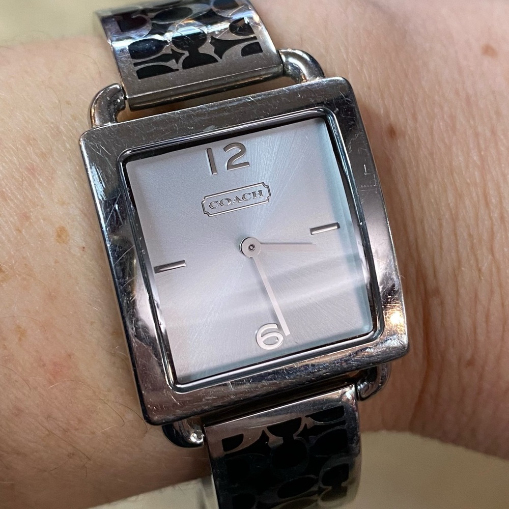 COACH Square Watch Metal Band Black and Silver Logo Print
